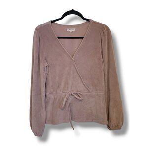 Madewell Pink Corduroy Long Ballon Sleeve Tie Front Faux Wrap Top - Size M